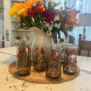 Vintage 70s Libbey Monarch Butterfly & Wheat Glass Tumblers - Set of 8